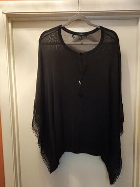 White House Black Market Black Lace-Trim Poncho Blouse